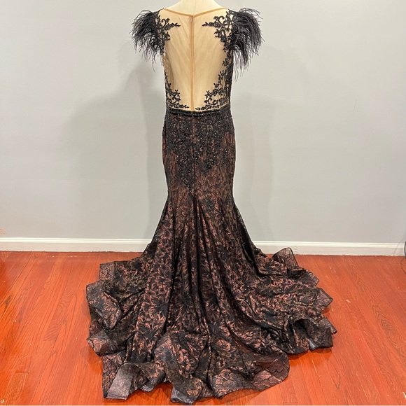 Mac Duggal Black Faux Feather Illusion Neckline & Back Full Length Mermaid Gown - Picture 11 of 17